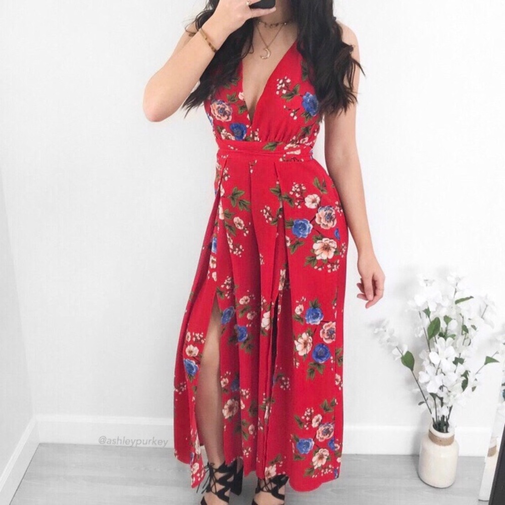 Red blue floral plunge strappy slit leg jumpsuit - Picture 1 of 4